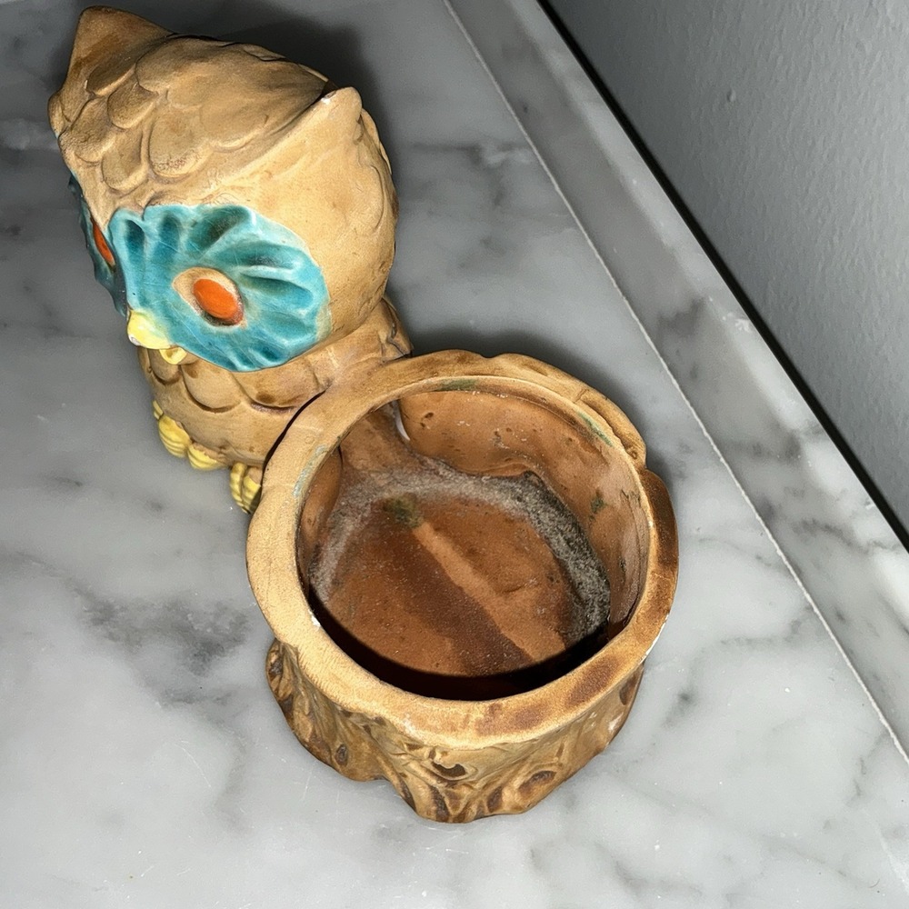 Vintage 70s Owl Stump Candle Votive Toothpick Holder Mid Century Mcm Planter - Picture 2 of 6